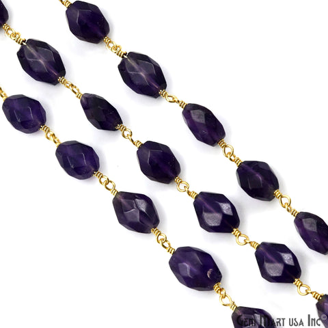 Amethyst Faceted Beads 6x8mm Gold Wire Wrapped Rosary Chain