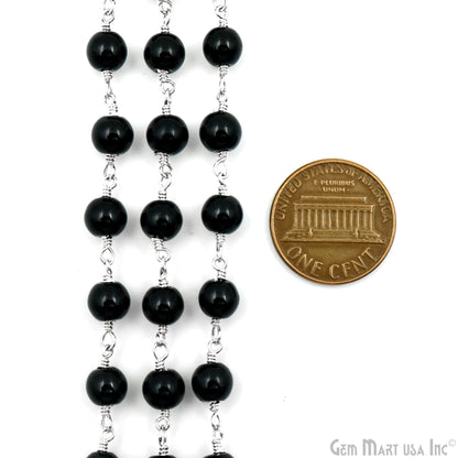 Black Tourmaline Cabochon Beads 6mm Silver Plated Gemstone Rosary Chain