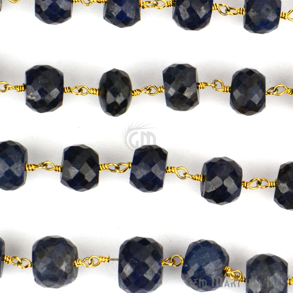 Blue Sapphire Rondelle 9-10mm Gold Plated Wire Wrapped Rosary Beads Chain - GemMartUSA (763921924143)