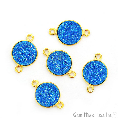 Blue Synthetic Faux Druzy Round 10mm Double Bail Gold Plated Connector - GemMartUSA