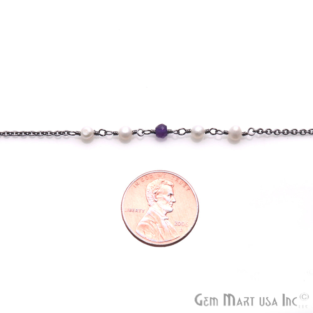 Amethyst & Pearl Beaded Oxidized Wire Wrapped Rosary Chain