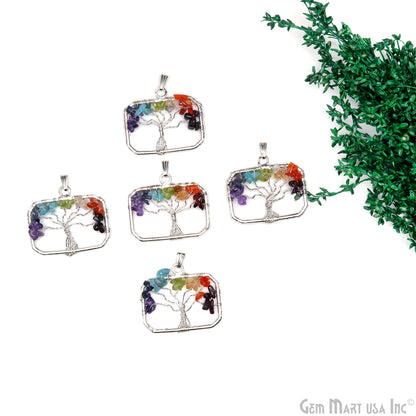 Multi Color Tree Of Life 45x29mm Silver Wire Wrapped Rectangle Shape Pendant