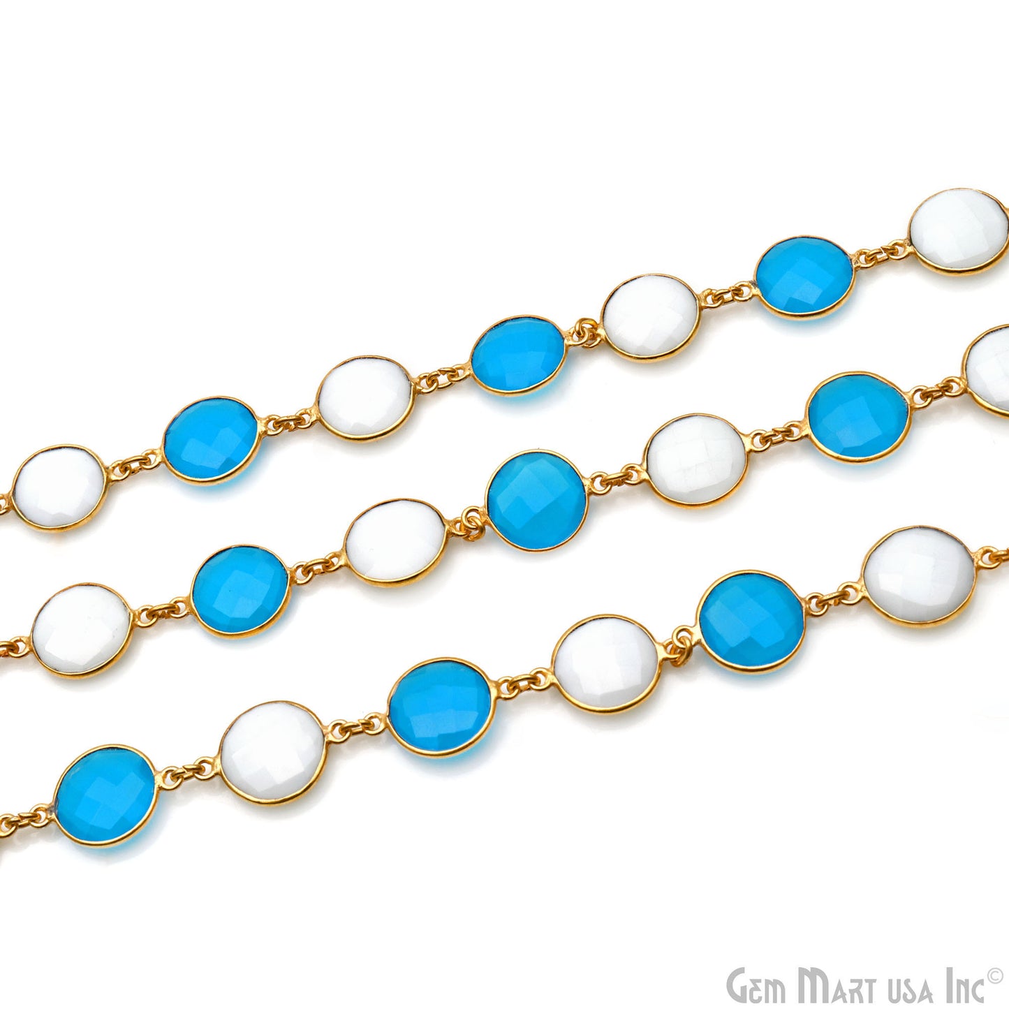 Sky Blue Chalcedony With White Agate Round 12mm Gold Plated Continuous Connector Chain