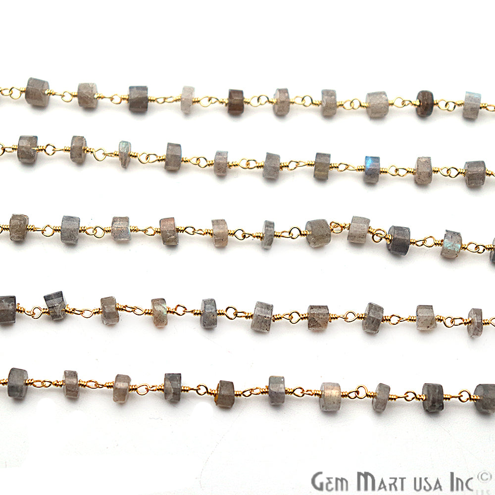 Labradorite Tyre Shape Beads Gold Plated Gemstone Beaded Wire Wrapped Rosary Chain - GemMartUSA