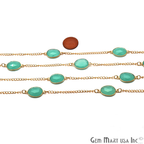 Aqua Chalcedony Faceted Oval Shape 10-15mm Gold Plated Bezel Connector Chain - GemMartUSA (764044705839)