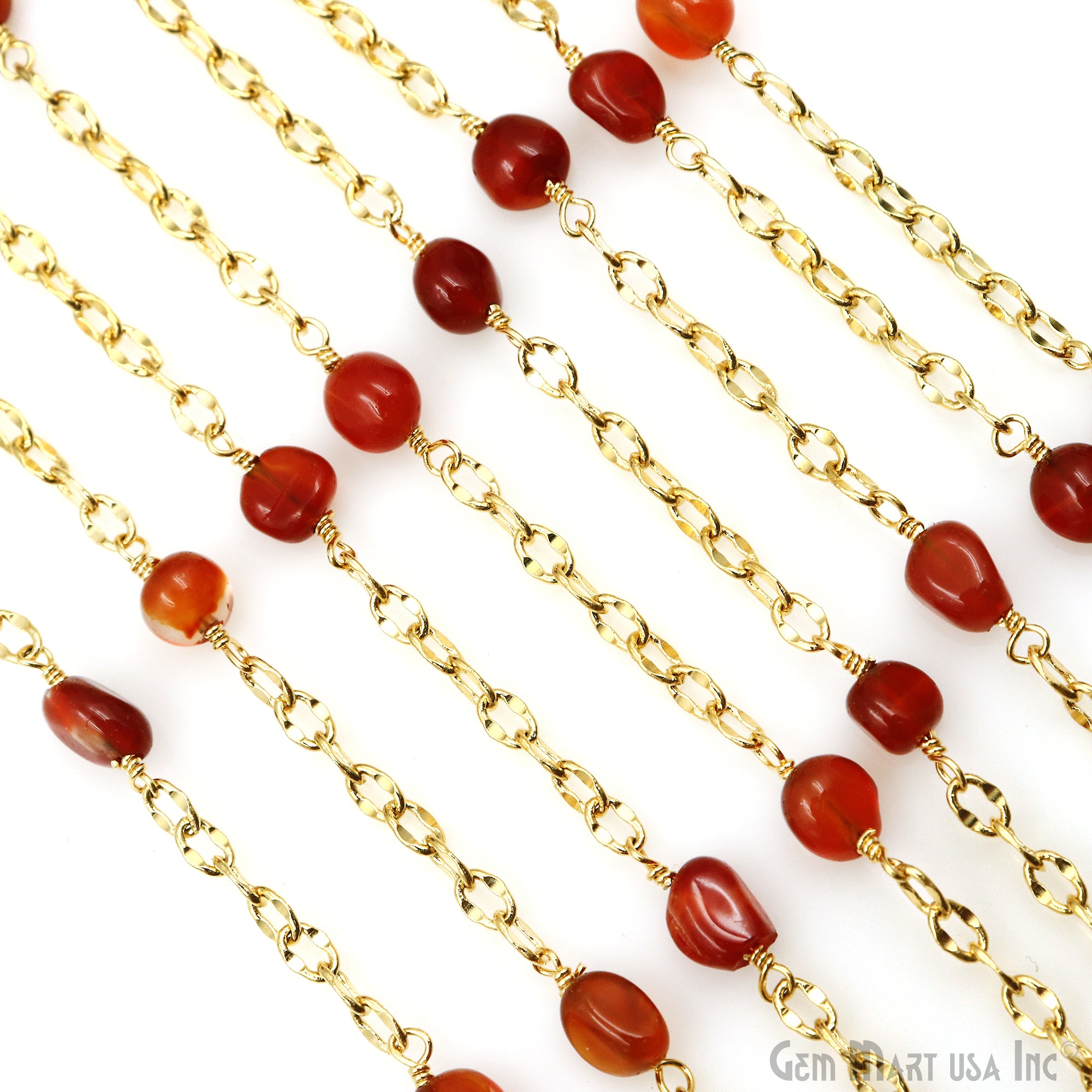 Carnelian Tumbled Beads 8x5mm Gold Plated Wire Wrapped Rosary Chain