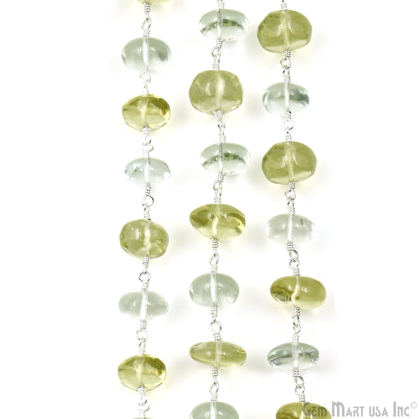 Green Amethyst & Lemon Topaz Cabochon Beads 9-10mm Silver Wire Wrapped Rosary Chain