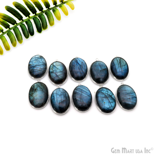 Flashy Labradorite Cabochon 24x17mm Oval Single Bail Silver Plated Gemstone Connector