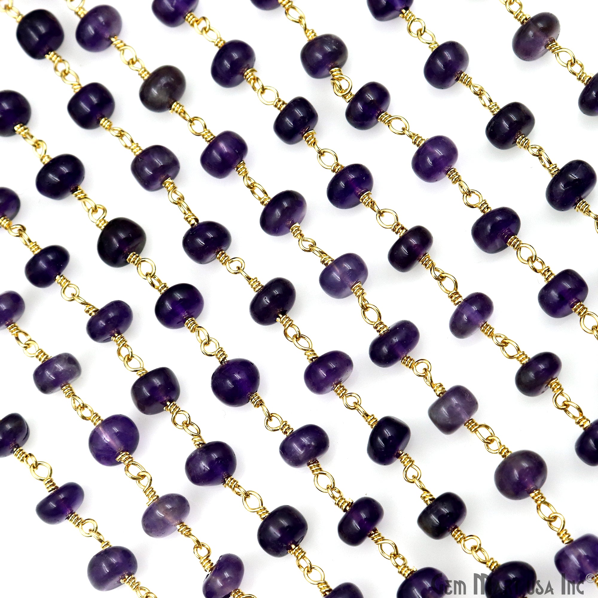 Amethyst Cabochon 5mm Faceted Beads Gold Wire Wrapped Beads Rosary Chain