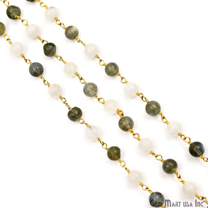 Labradorite & Rainbow Cabochon Beads 5-6mm Gold Plated Gemstone Rosary Chain