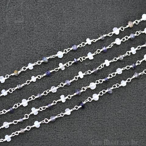 Rainbow With Iolite 3-3.5mm Silver Plated Wire Wrapped Rosary Chain