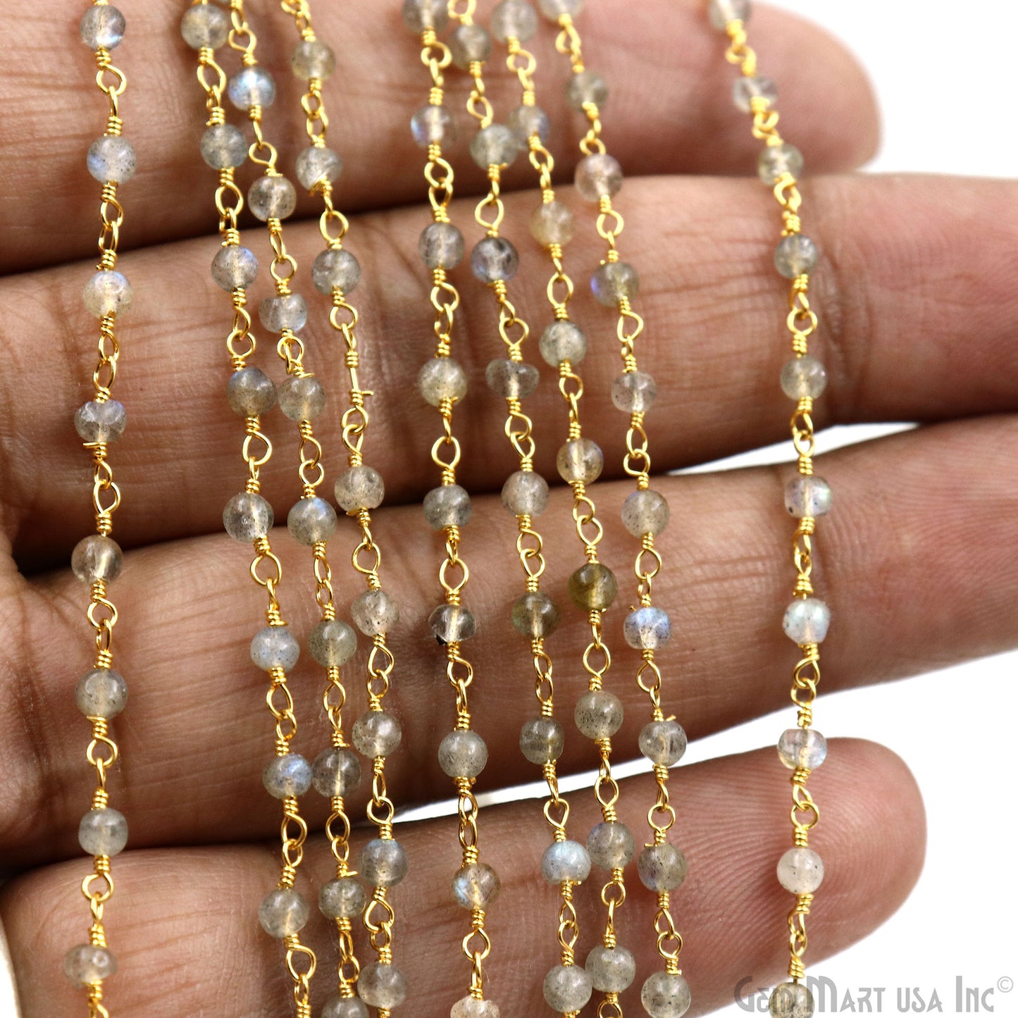 Labradorite Cabochon 3-3.5mm Gold Wire Wrapped Rosary Chain