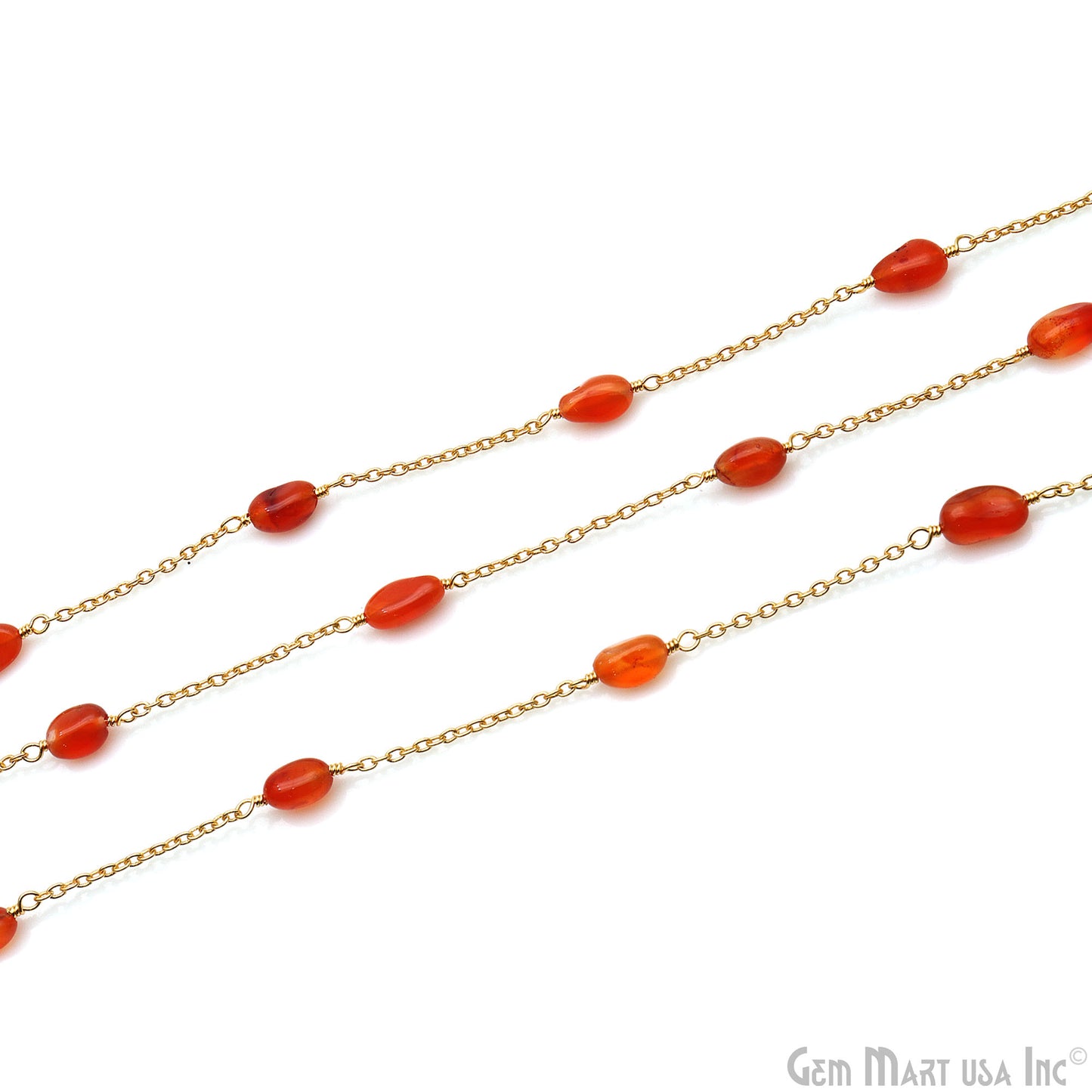 Carnelian Tumble Beads 10x6mm Gold Wire Wrapped Rosary Chain