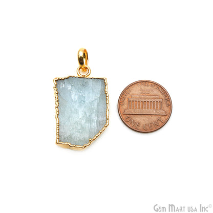 Aquamarine Free Form shape 30x19mm Gold Electroplated Gemstone Single Bail Pendant