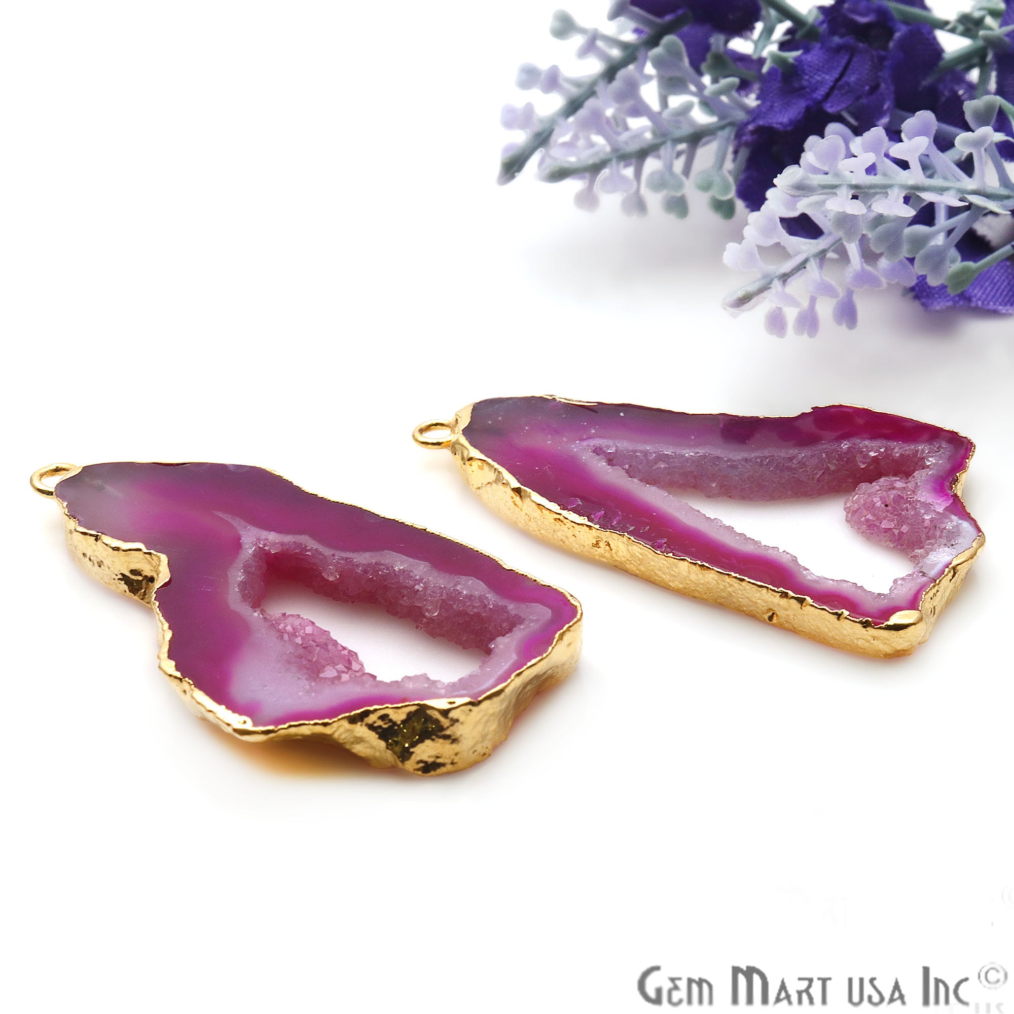 Agate Slice 44x25mm Organic Gold Electroplated Gemstone Earring Connector 1 Pair - GemMartUSA