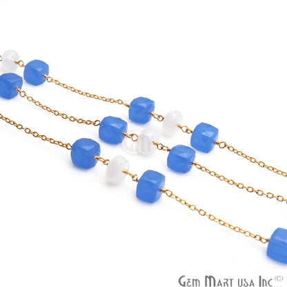 Rainbow Moonstone 8-9mm Blue Chalcedony 7-8mm Beaded Gold Plated Wire Wrapped Rosary Chain