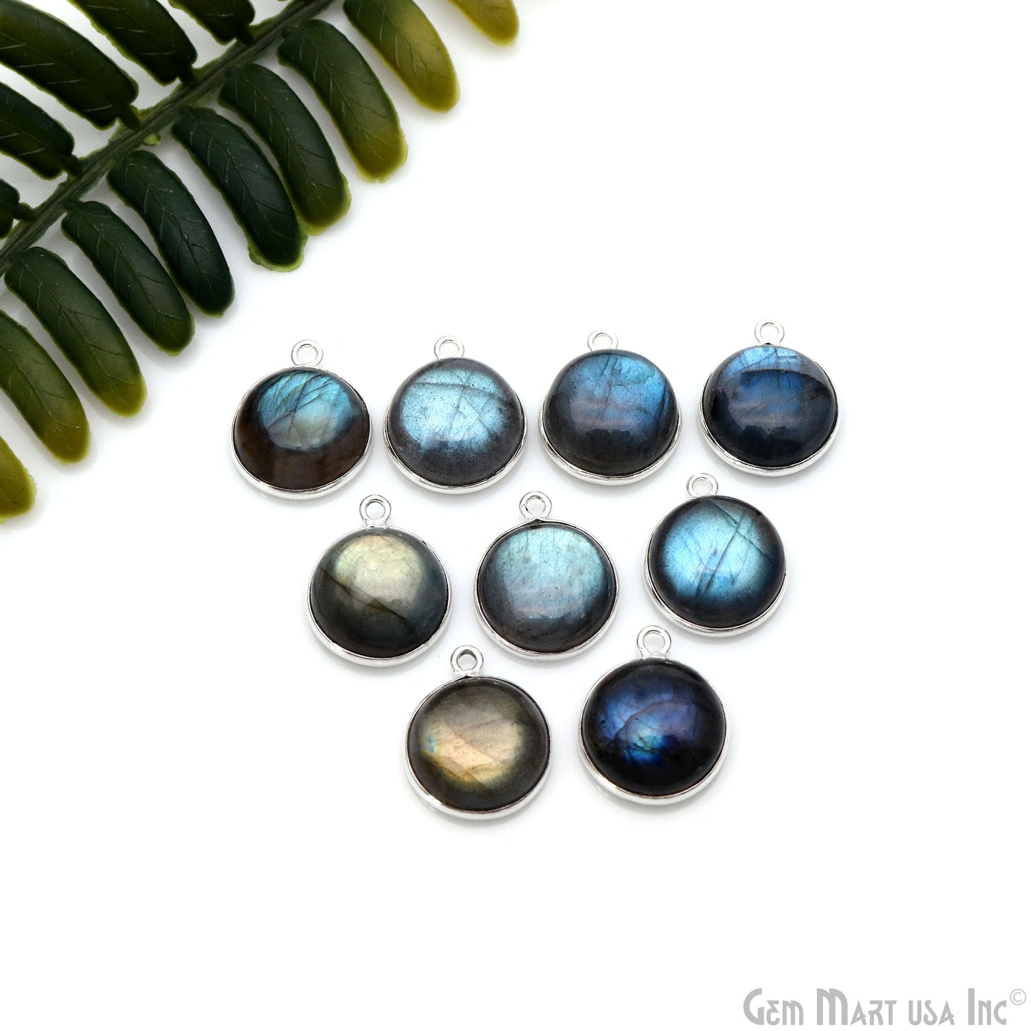 Flashy Labradorite Cabochon 13mm Round Single Bail Silver Plated Gemstone Connector