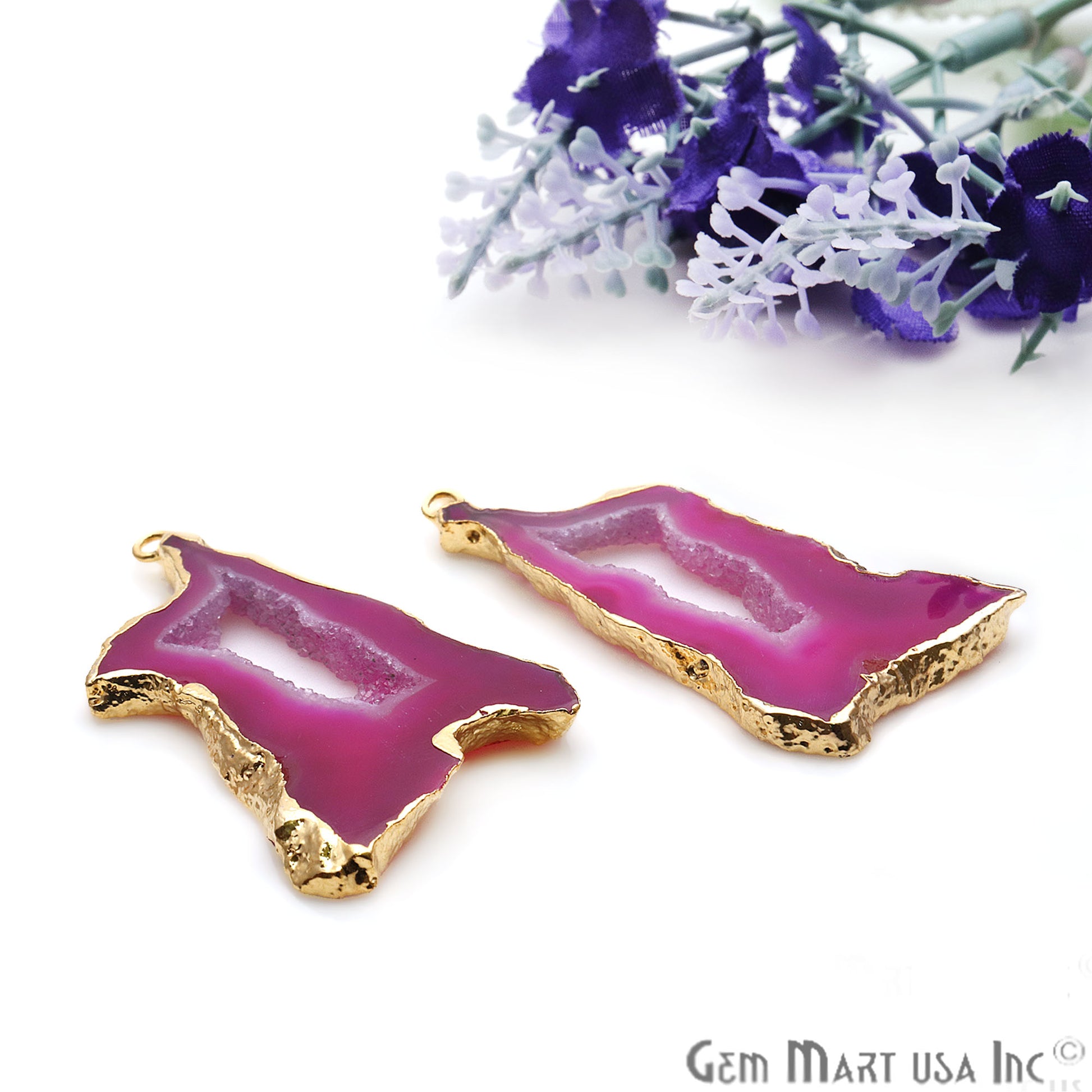 Agate Slice 52x27mm Organic Gold Electroplated Gemstone Earring Connector 1 Pair - GemMartUSA