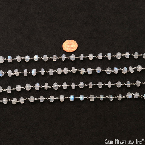 Rainbow Moonstone 6-7mm Silver Wire Wrapped Rondelle Faceted Bead Rosary Chain
