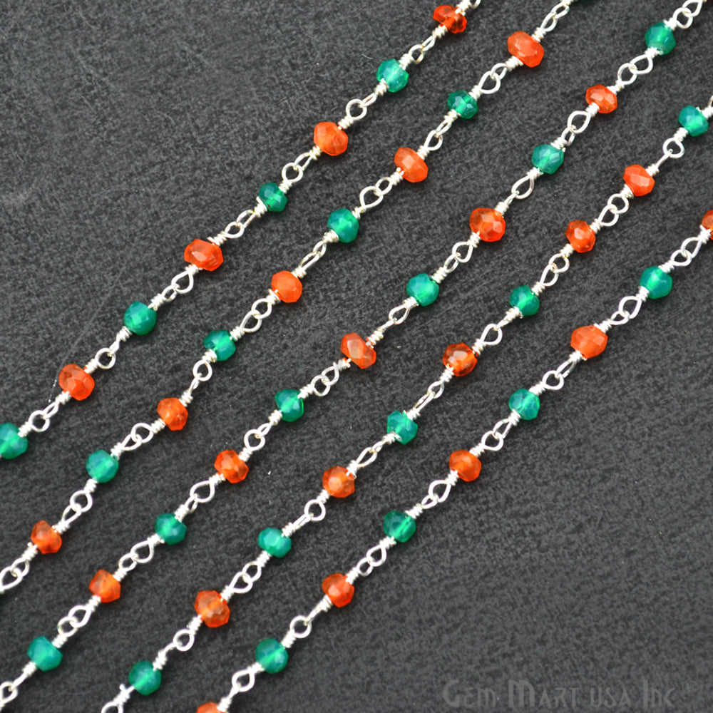 Carnelian With Green Onyx Beads Rosary Chain, Silver Plated Wire Wrapped Rosary Chain