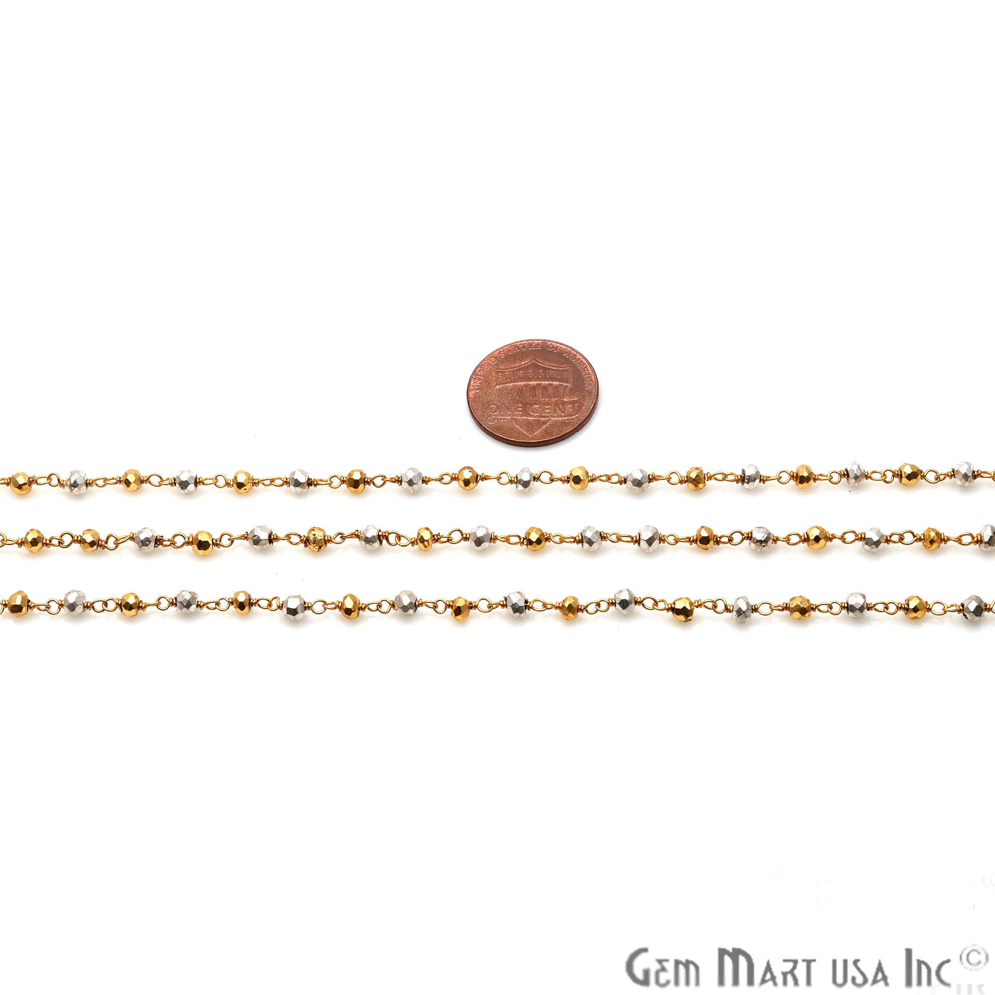 Golden With Silver Pyrite 3-3.5mm Faceted Round Gold Plated Rosary Chain - GemMartUSA