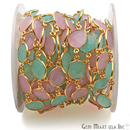 Rose With Aqua Chalcedony 10-15mm Free Form Gold Continuous Connector Chain - GemMartUSA