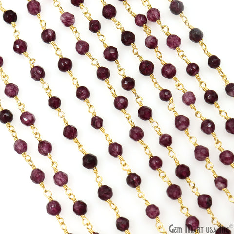 Dark Purple Jade Beads 4mm Gold Plated Wire Wrapped Rosary Chain