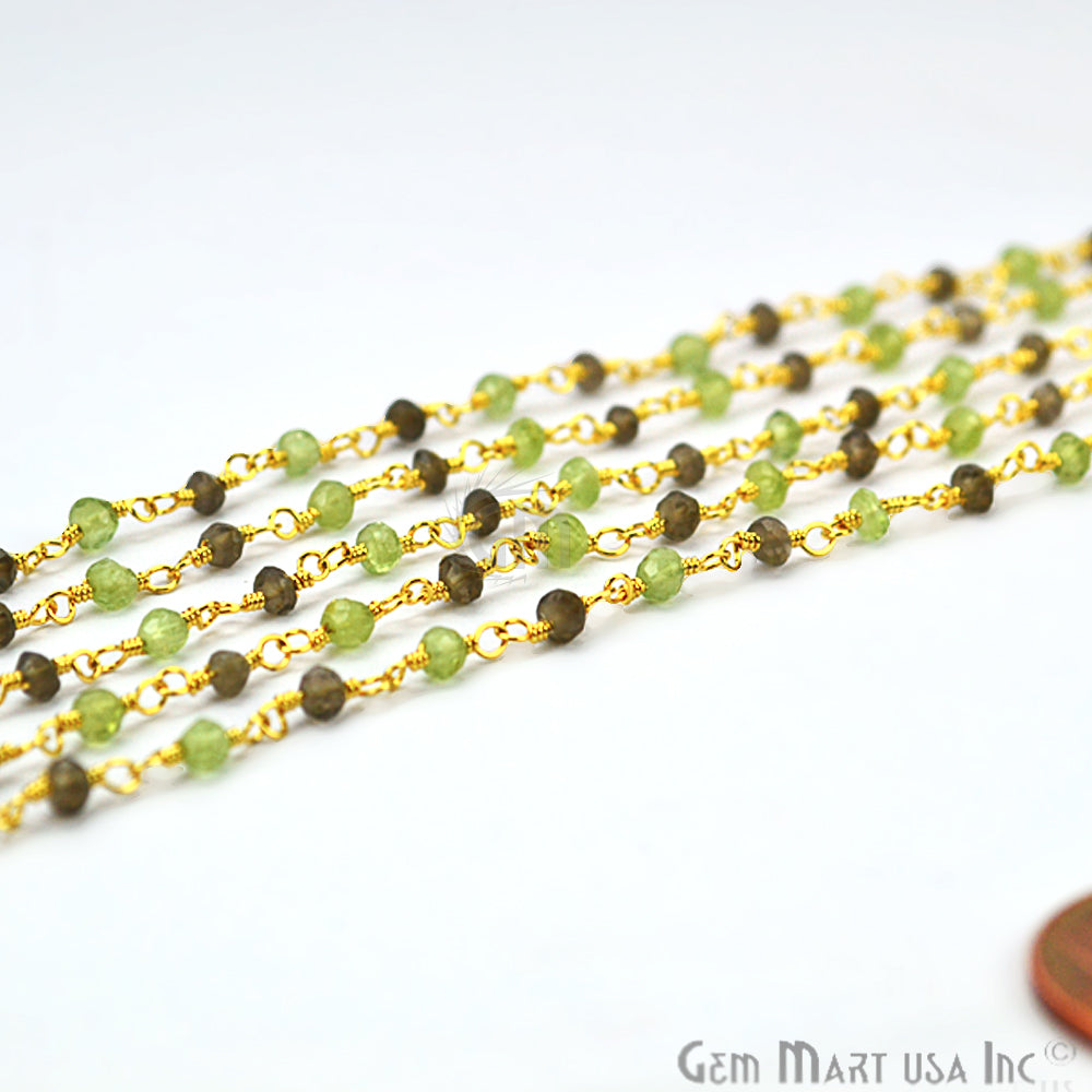 Smoky Topaz With Peridot Beads Rosary Chain, Gold Plated Wire Wrapped Rosary Chain