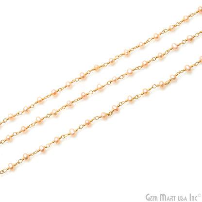 Pink Pearl 3-3.5mm Gold Plated Beaded Wire Wrapped Rosary Chain