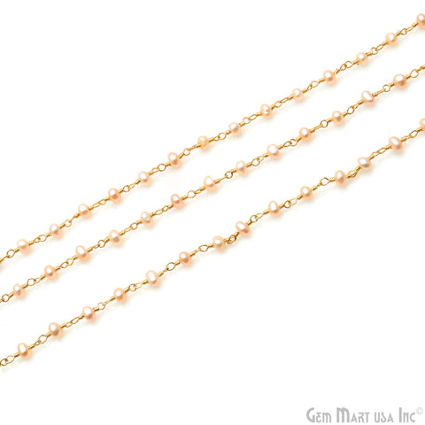 Pink Pearl 3-3.5mm Gold Plated Beaded Wire Wrapped Rosary Chain