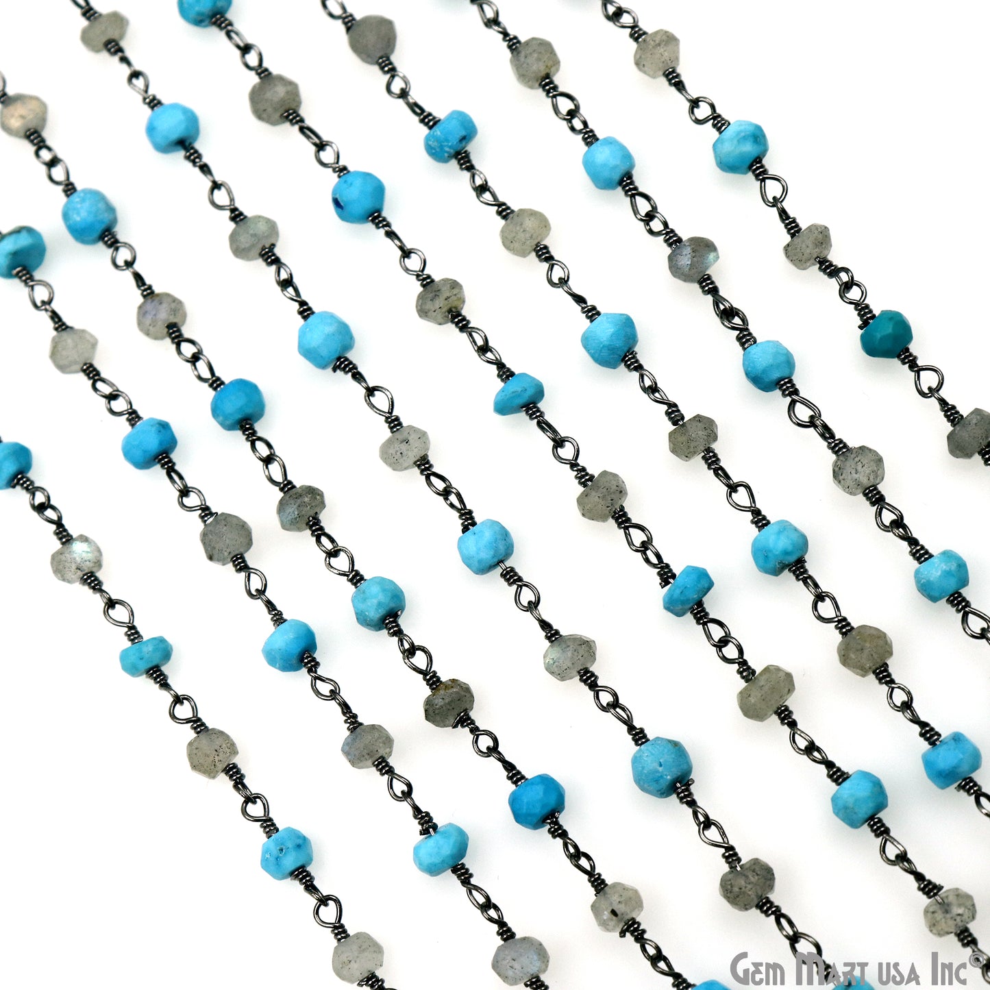 Turquoise & Labradorite 3-3.5mm Oxidized Faceted Beads Wire Wrapped Rosary Chain