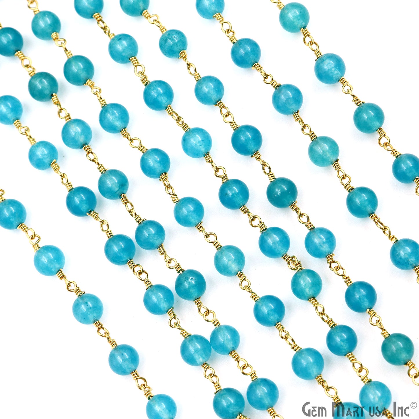 Sky Blue Jade Cabochon Beads 6mm Gold Plated Gemstone Rosary Chain