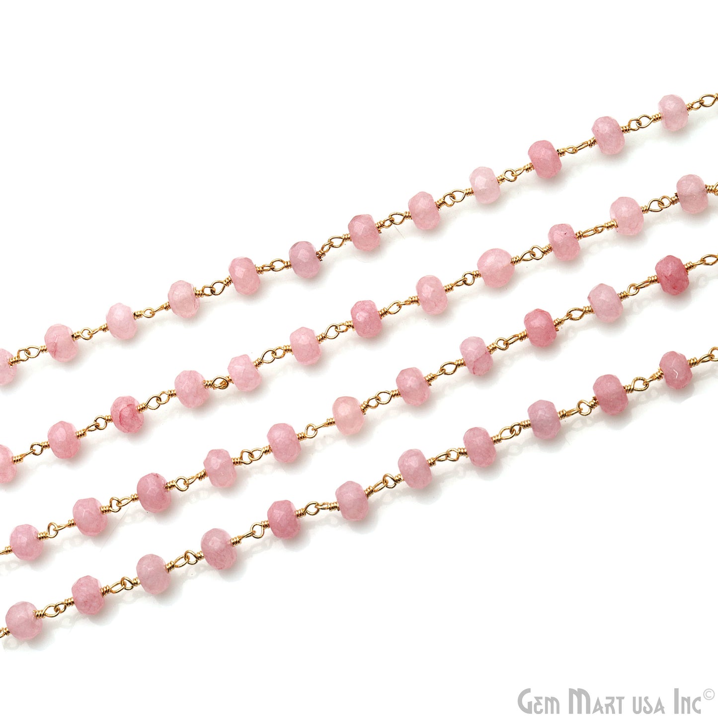 Baby Pink Jade Faceted 5-6mm Gold Wire Wrapped Beads Rosary Chain