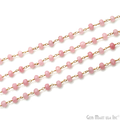 Baby Pink Jade Faceted 5-6mm Gold Wire Wrapped Beads Rosary Chain