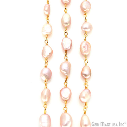 Pink Pearl Nugget Beads 10-15mm Gold Plated Wire Wrapped Rosary Chain