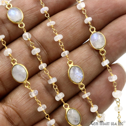 Rainbow Moonstone Beads & Bezel Connector Gold Plated Rosary Chain