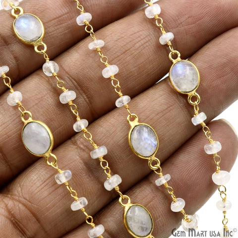 Rainbow Moonstone Beads & Bezel Connector Gold Plated Rosary Chain