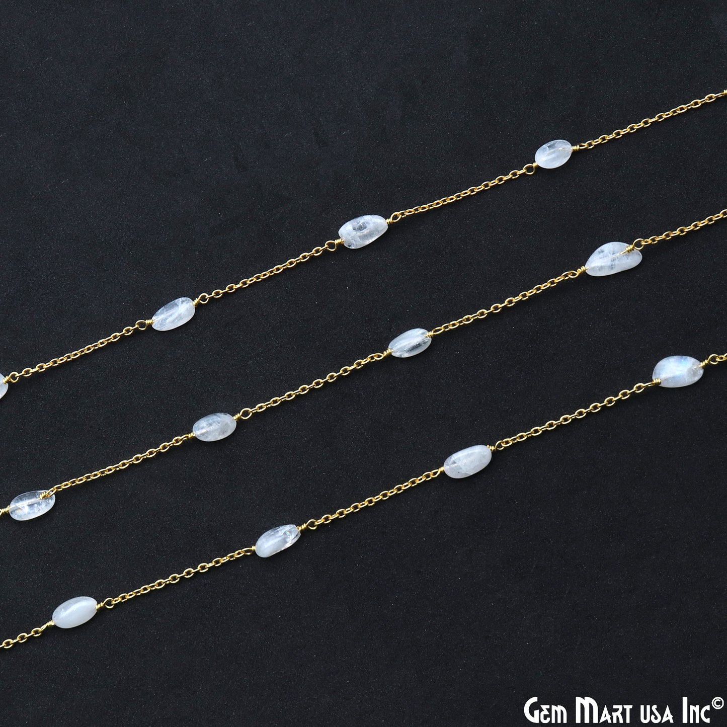 Rainbow Moonstone Tumble Beads 10x6mm Gold Wire Wrapped Rosary Chain