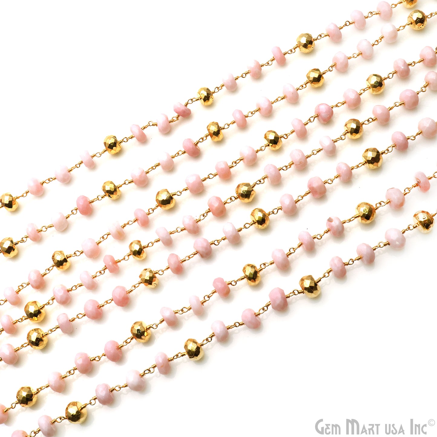 Pink Opal & Golden Pyrite Rondelle Bead Gold Rosary Chain