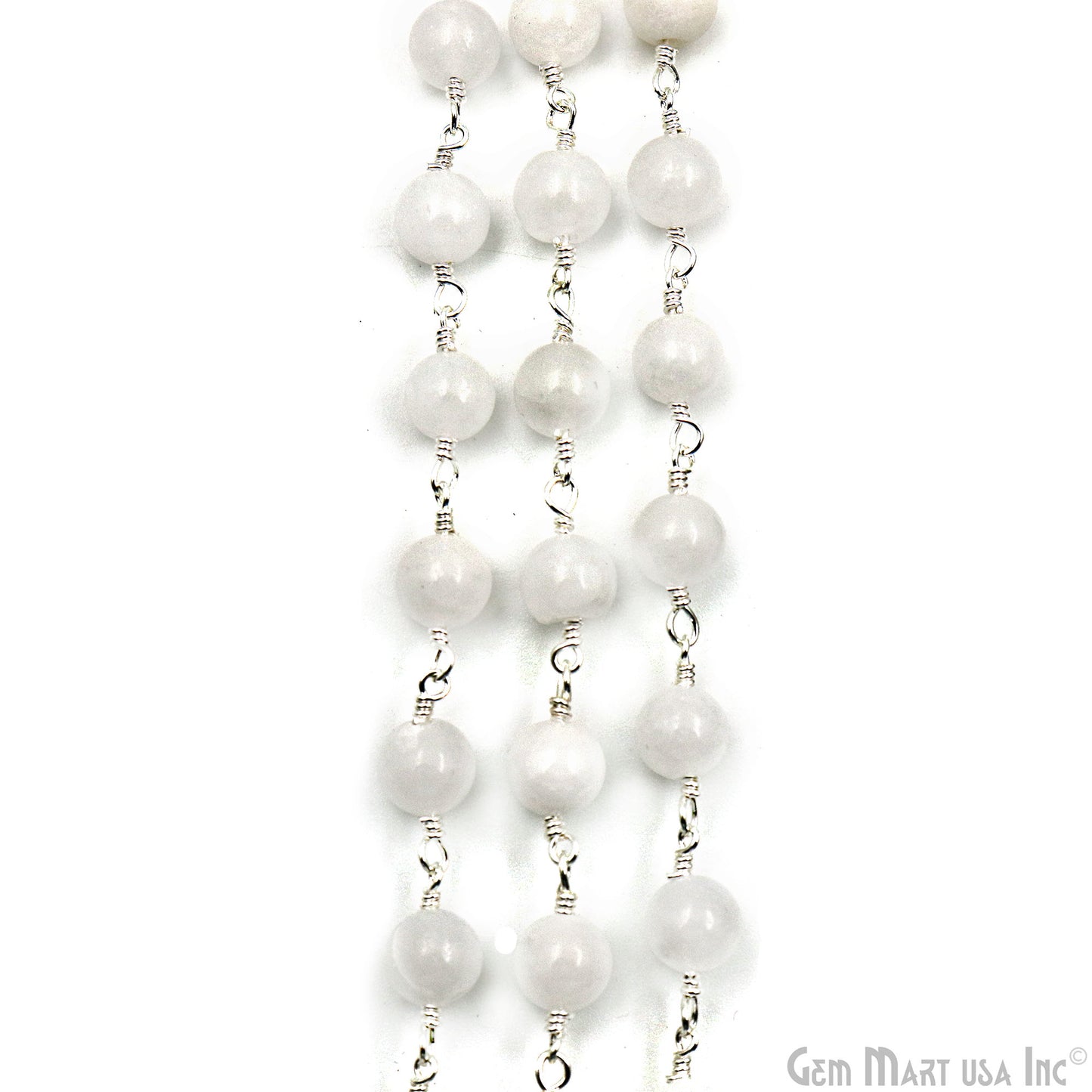 White Jade Smooth Beads 6mm Silver Plated Wire Wrapped Rosary Chain