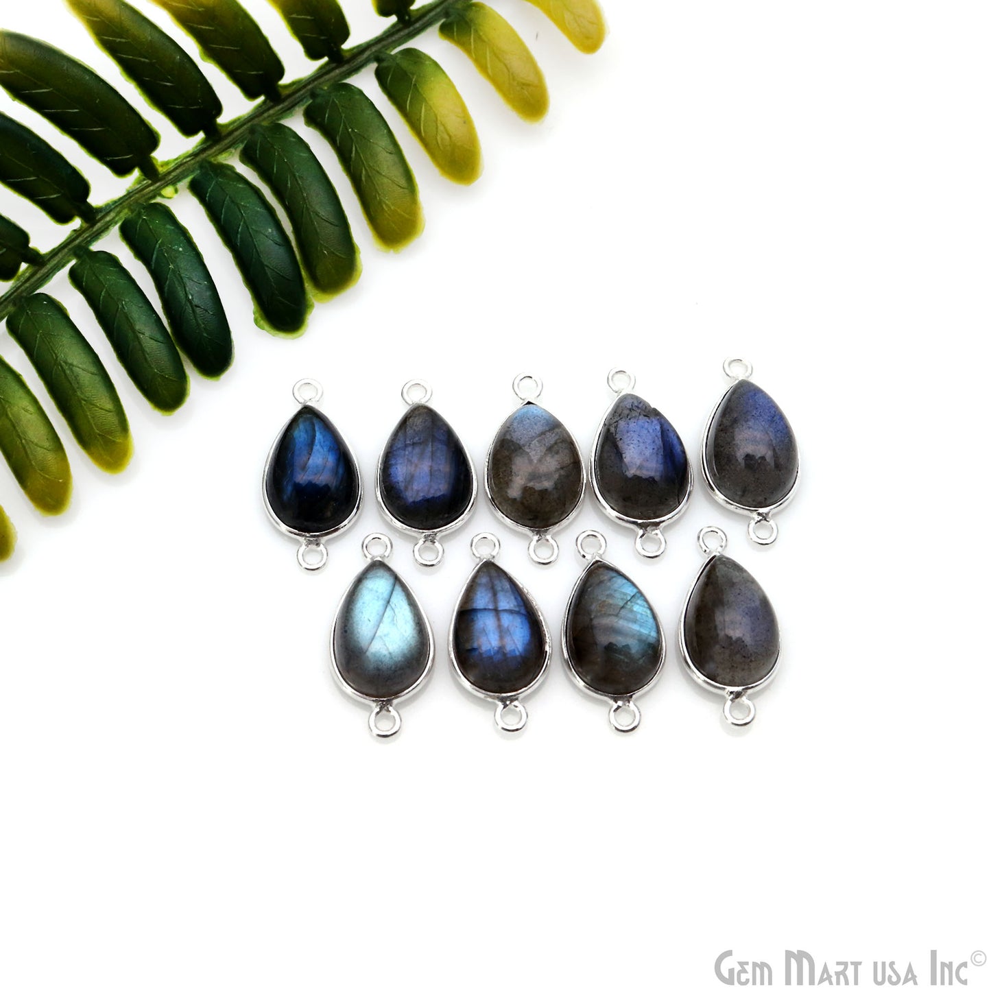 Flashy Labradorite Cabochon 9x13mm Pears Double Bail Silver Plated Gemstone Connector