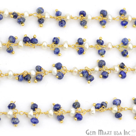 Lapis With Pearl Faceted Beads Gold Wire Wrapped Cluster Dangle Chain - GemMartUSA (764172763183)