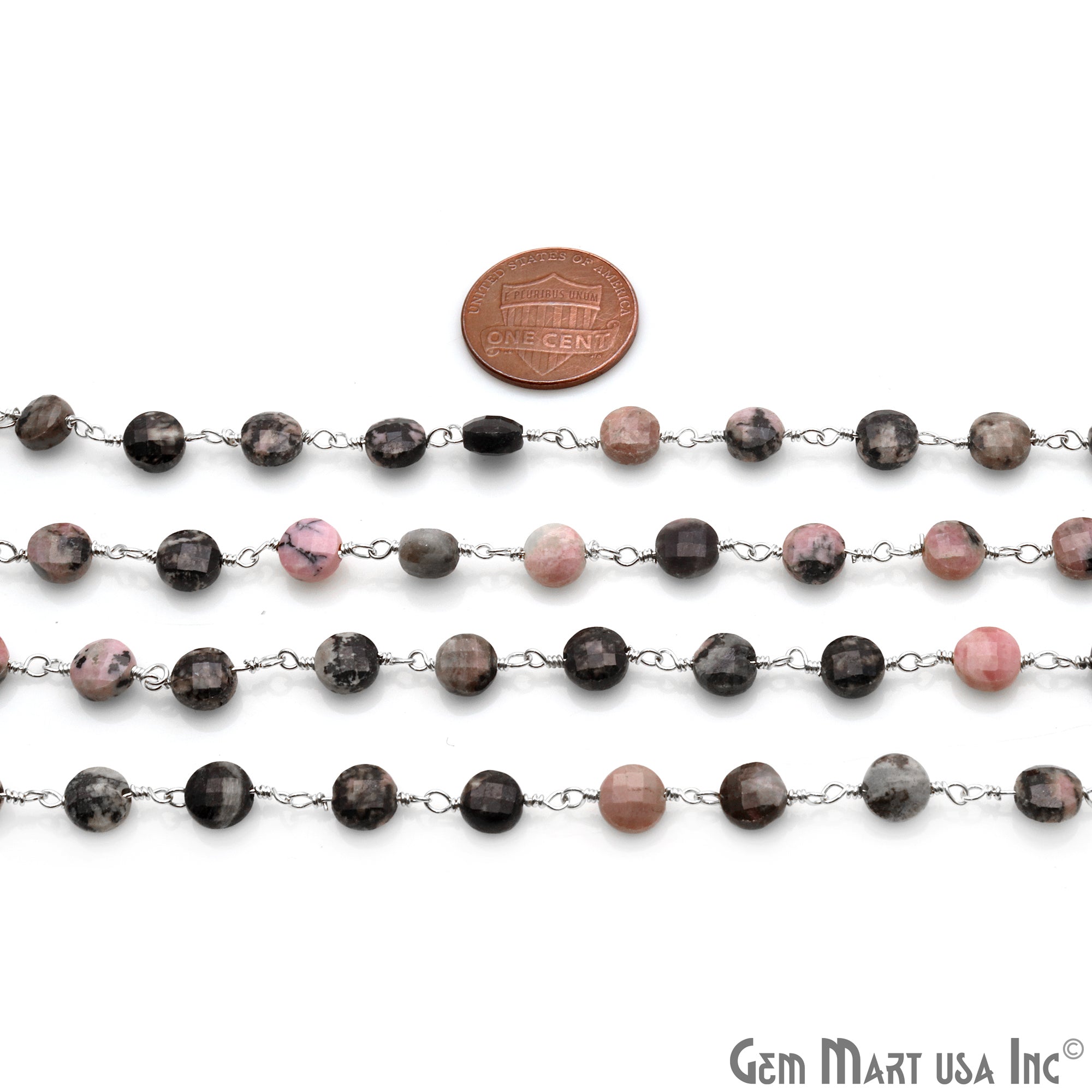 Rhodonite Coin Faceted 6mm Silver Wire Wrapped Rosary Chain - GemMartUSA