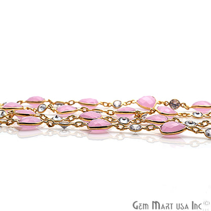Rose Chalcedony & Crystal Gold Plated Bezel Link Continuous Connector Chain - GemMartUSA