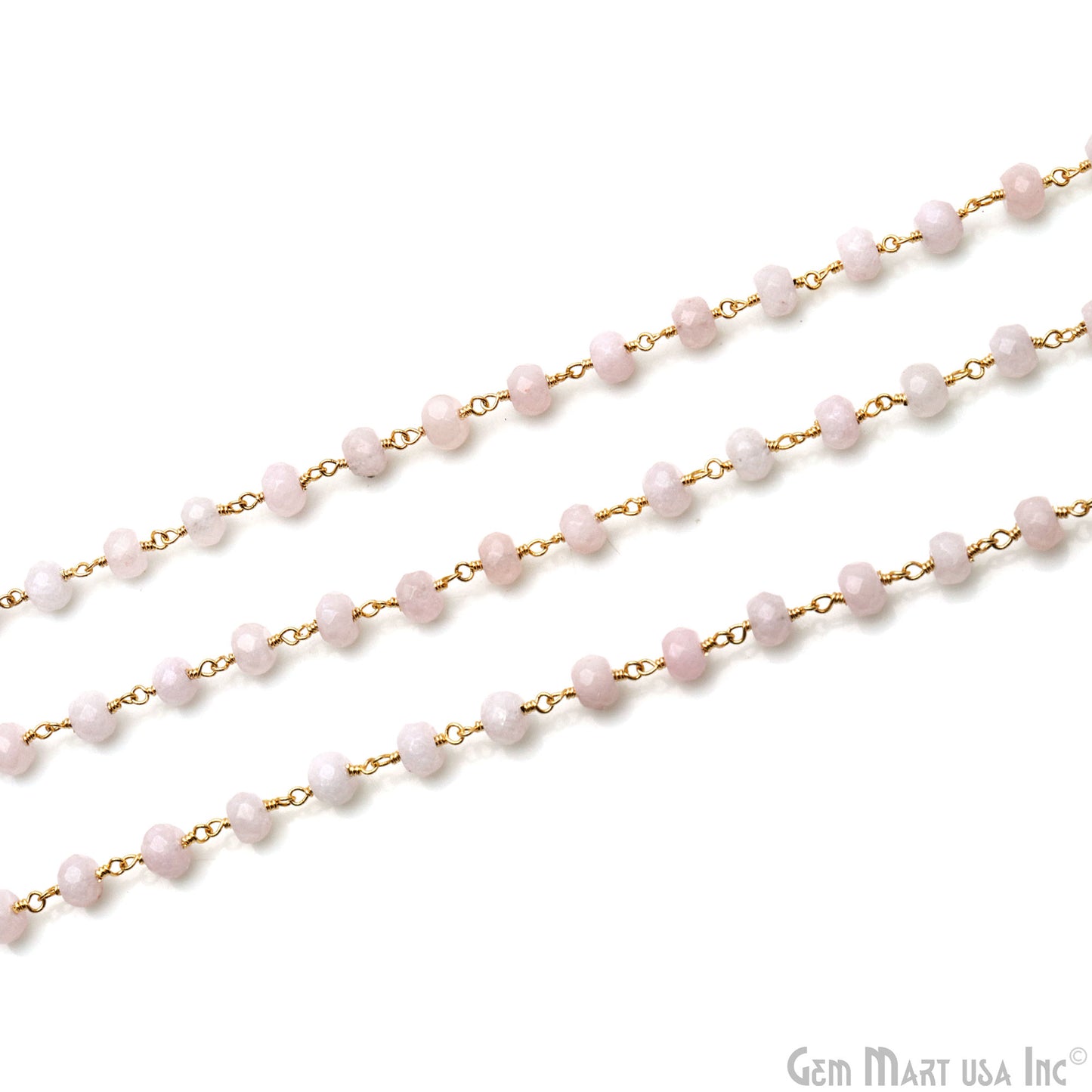 Light Pink Jade Faceted 5-6mm Gold Wire Wrapped Beads Rosary Chain