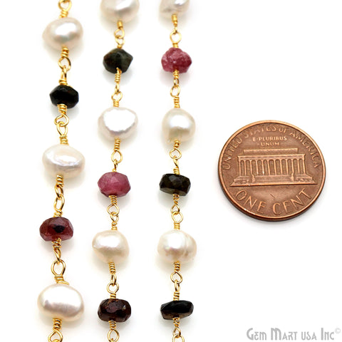 Multi Tourmaline & Freshwater Pearl Gold Plated Wire Wrapped Rosary Chain