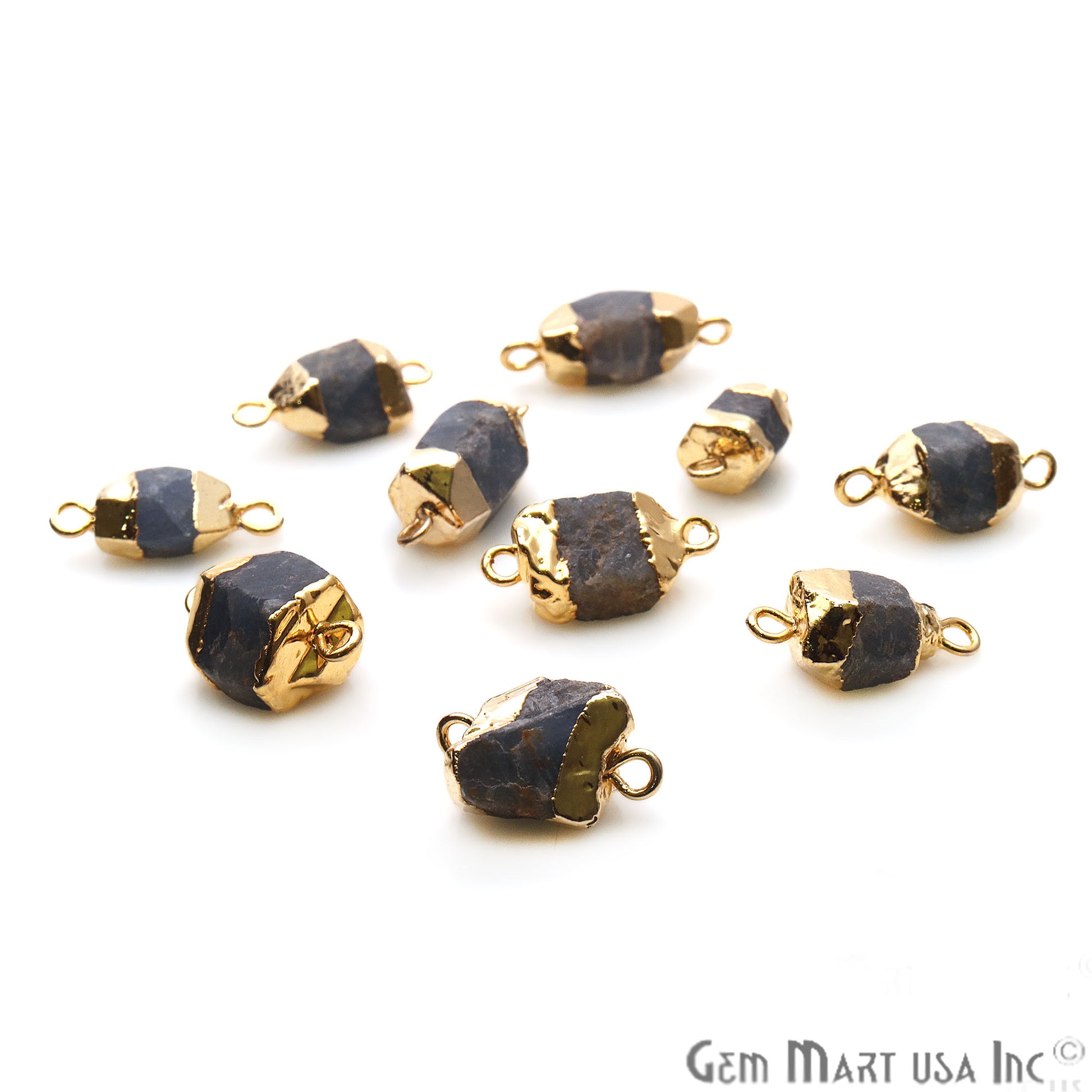 Rough Sapphire Gemstone 15x8mm Gold Edged Double Bail Bracelets Charm Connectors - GemMartUSA