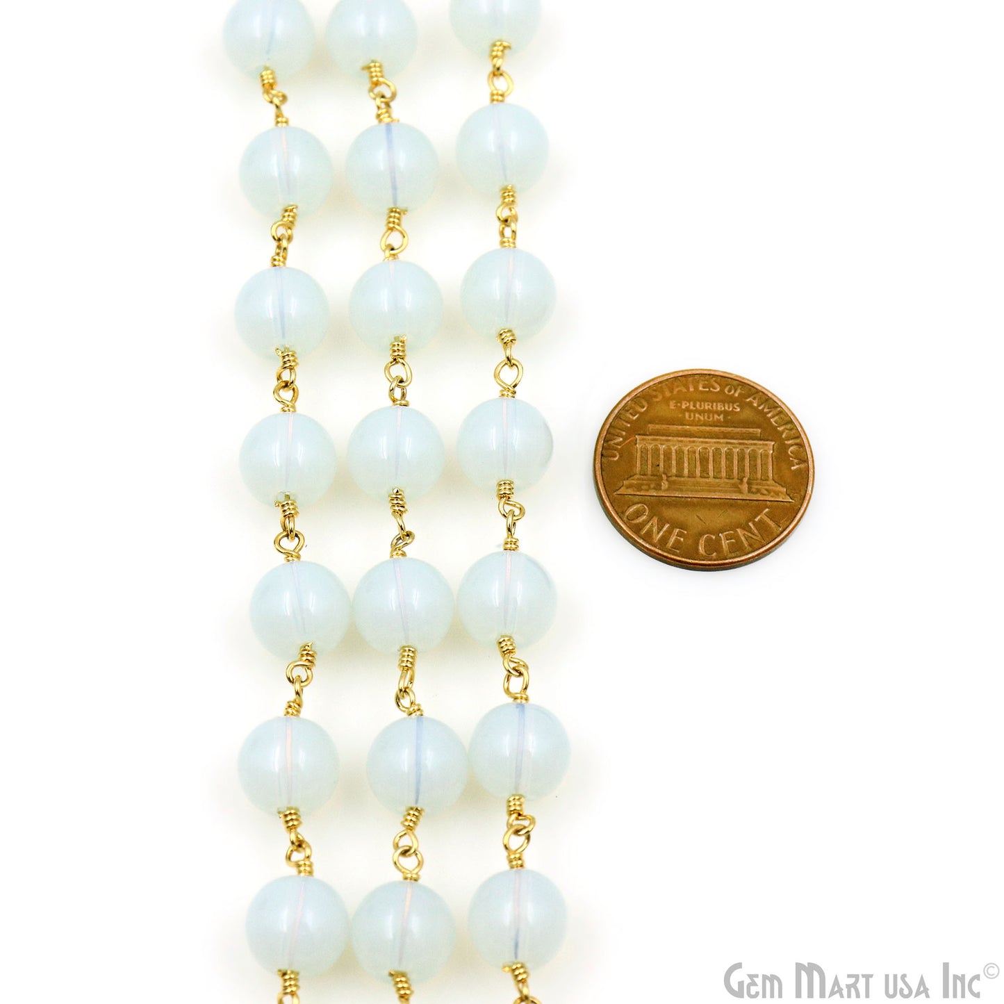 White Opal Smooth Beads 8mm Gold Plated Wire Wrapped Rosary Chain