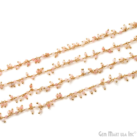 Pink Opal Faceted Beads Gold Wire Wrapped Cluster Dangle Rosary Chain (764175581231)
