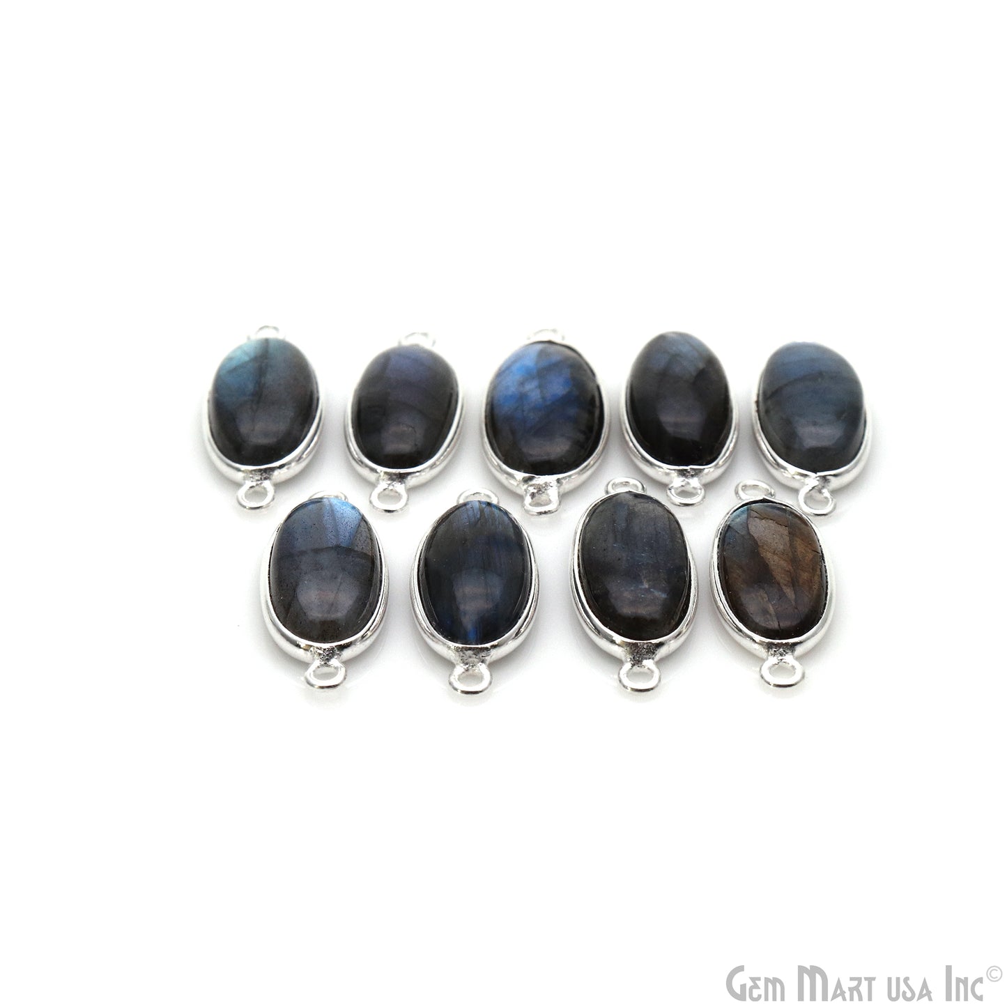 Flashy Labradorite Cabochon 8x16mm Oval Double Bail Silver Plated Gemstone Connector